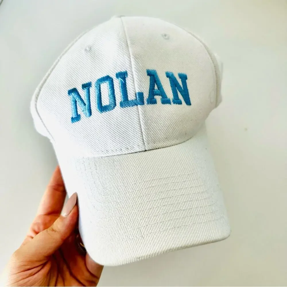 VINTAGE White Blue Nolan Lettered Stitched Hook Loop Adjustable Baseball Hat